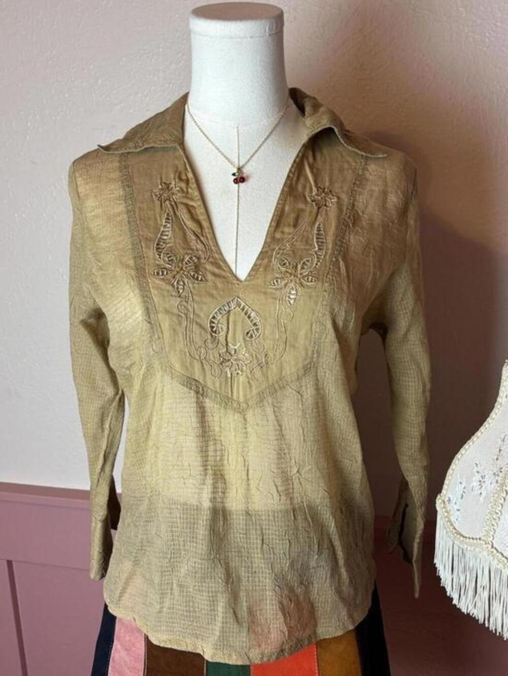 Rampage beaded boho embroidered top sheer sz medium tan light brown cotton
